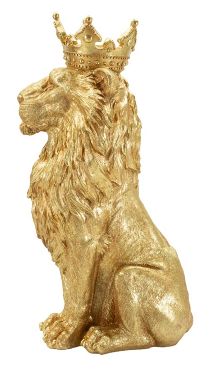 Dekofigur Löwe mit Krone sitzend Tierfigur  Skulptur stolzer Löwenkönig Shanti in edlem Gold H 74 cm