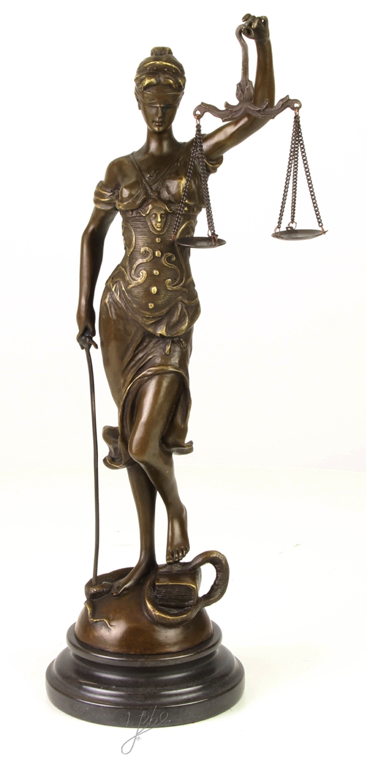 Bronzefigur Bronzeskulptur Bronze Justitia auf Marmorsockel H 40 cm Göttin der Gerechtigkeit Figur