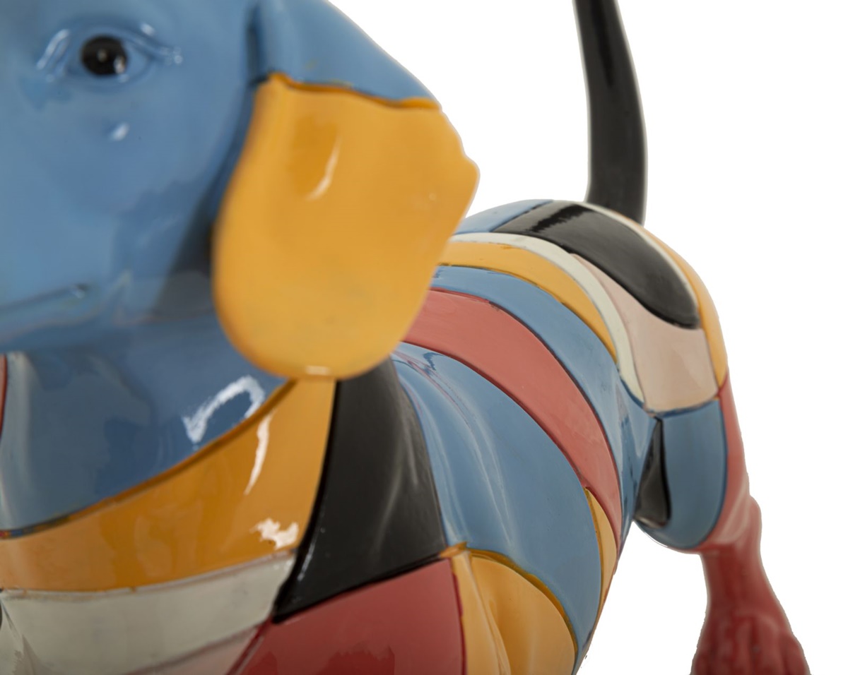 Dekofigur Hund Dackel stehend Skulptur Teckel groß mit abstraktem kubistischem Fellmotiv L 32,5 cm