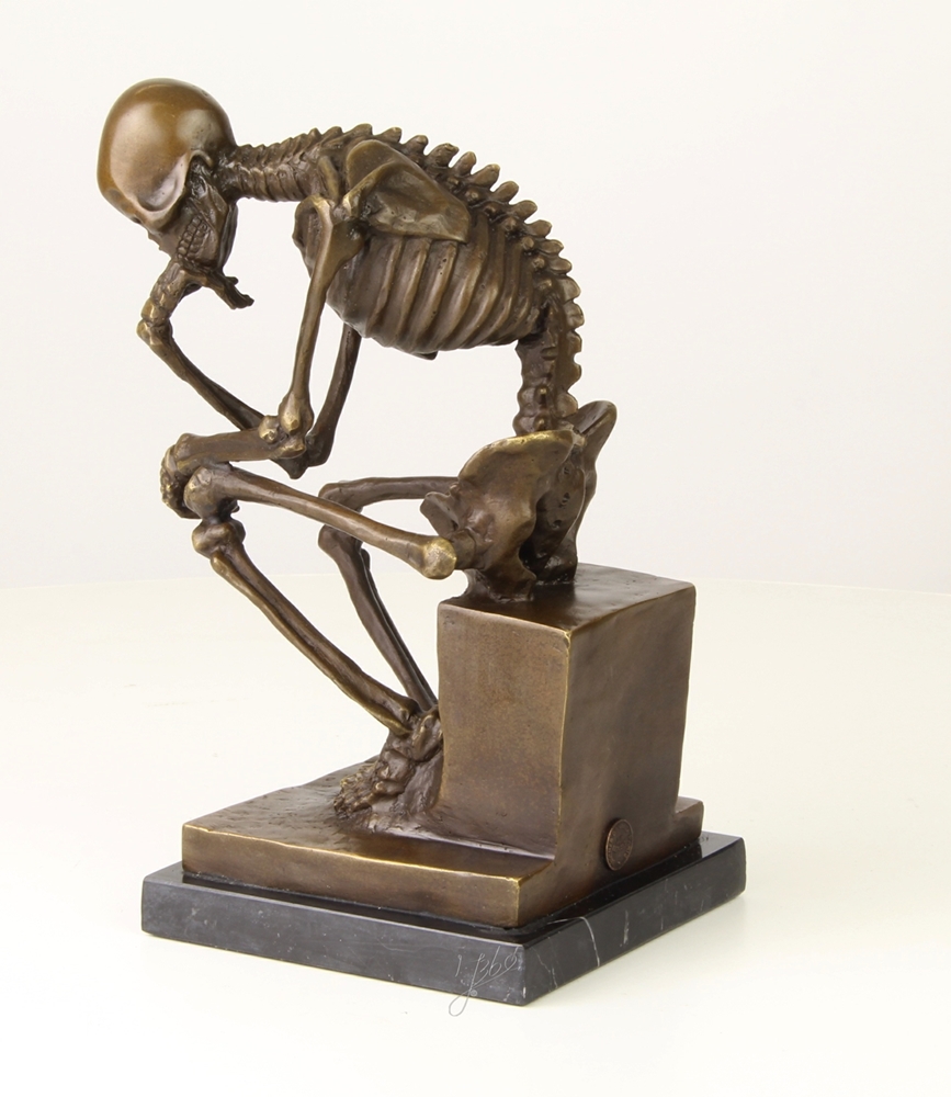 Bronzefigur Bronzeskulptur Der Denker Skelett aus Bronze auf Sockel H 24,5 cm Deko Figur
