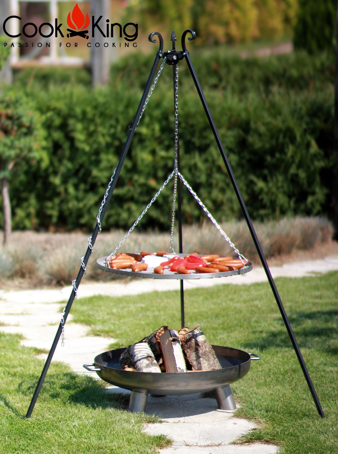 Set: Dreibein H 180 cm mit Grillrost Ø 60 cm Edelstahl + Feuerschale "Bali" Ø 70 cm Schwenkgrill