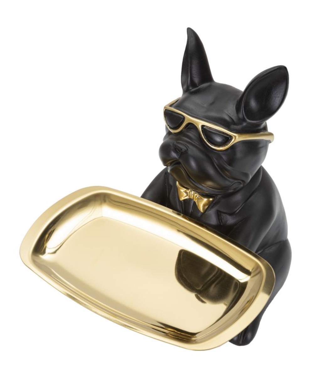 Dekofigur Hund Bulldogge Cool schwarz klein sitzend Tierfigur mit goldenem Tablett Brille H 23,5 cm