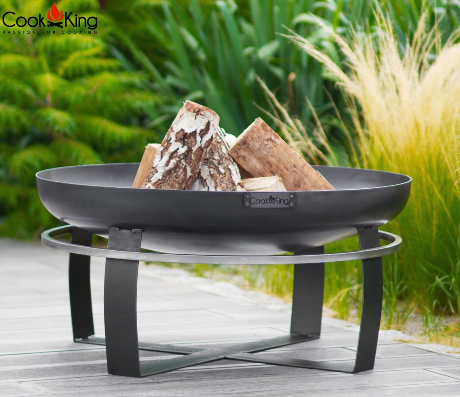 Set: Dreibein H 180 cm mit  Grillrost Ø 60 cm Rohstahl und Kurbel + Feuerschale "Viking" Ø 70 cm