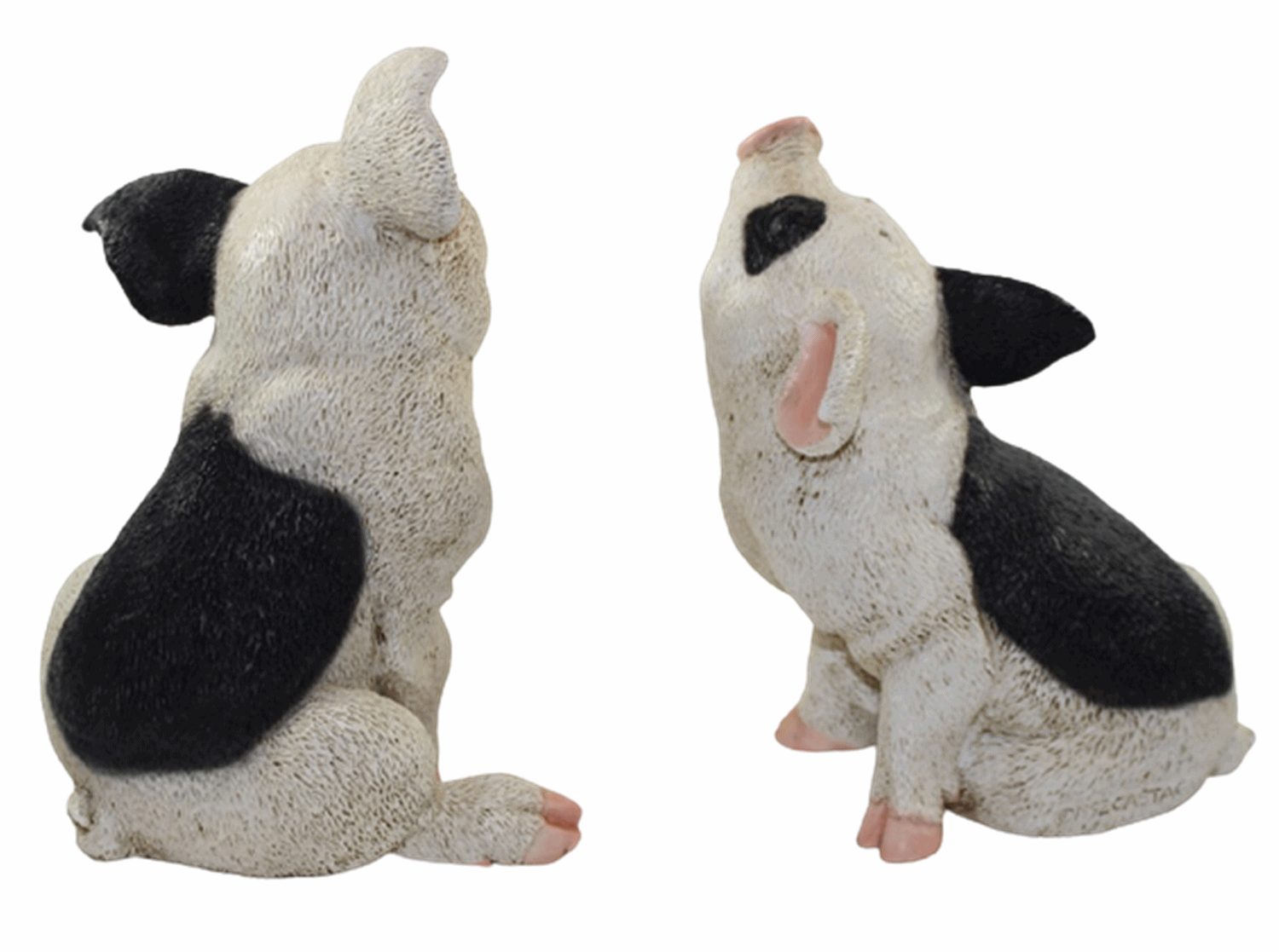 Deko Figur Schwein 2 Ferkel sitzend nach oben u. unten schauend als Satz aus Resin Höhe 19-22 cm