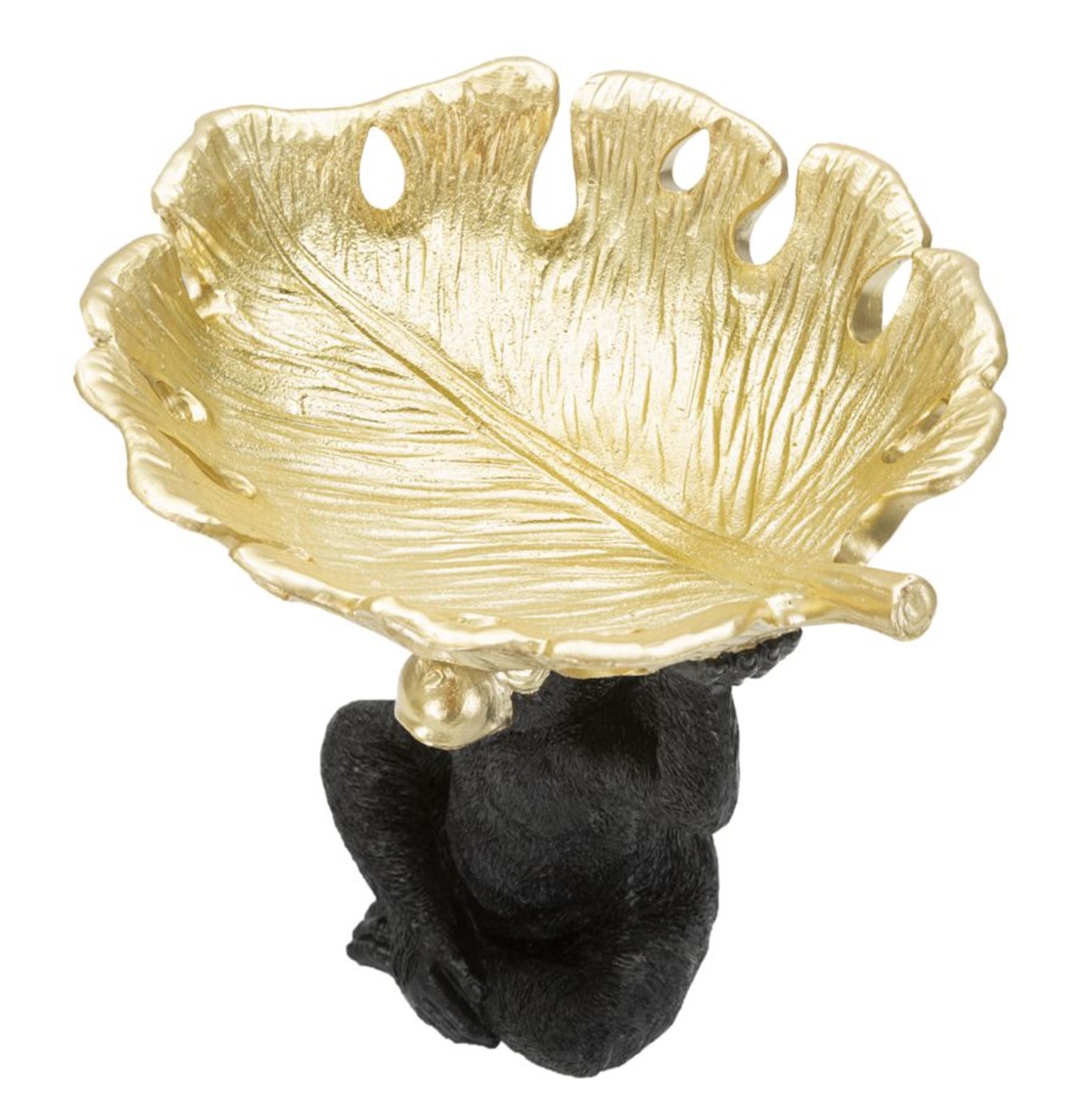 Dekofigur Affe Schimpanse schwarz klein sitzend Tierfigur mit goldener Schale auf dem Kopf H 24 cm