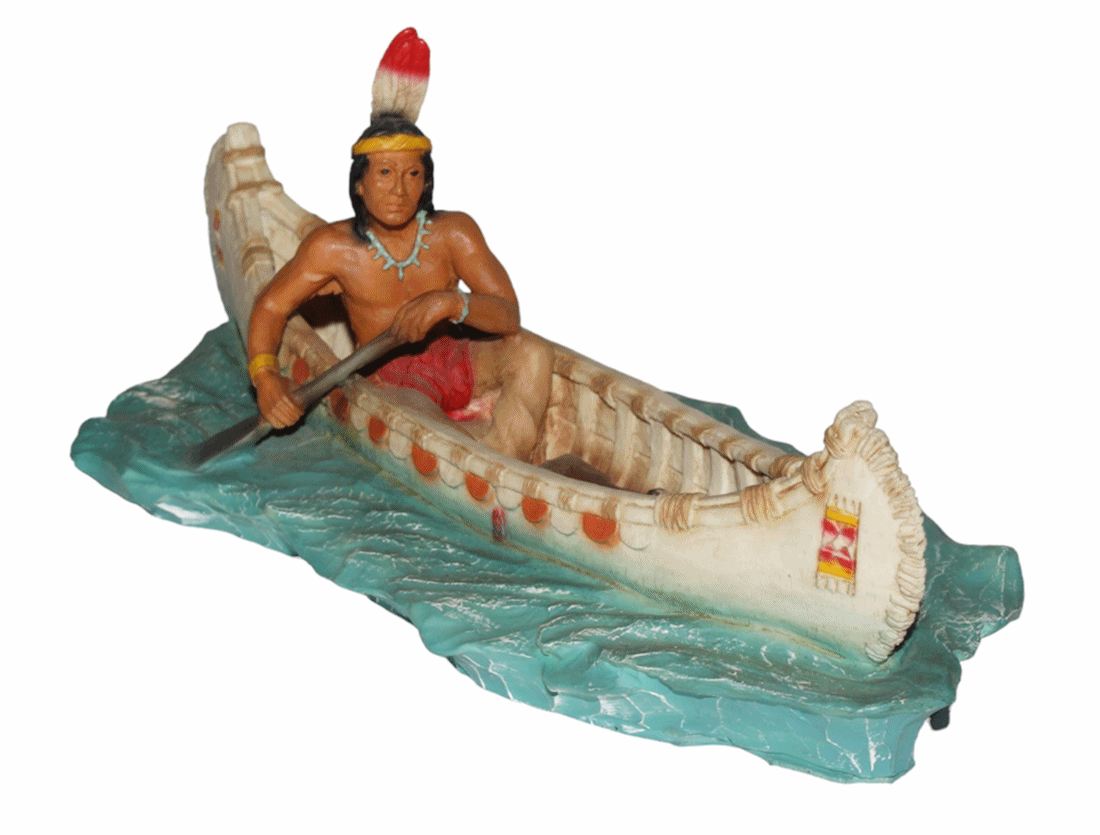 Indianerfigur Indianer Hiawatha im Kanu sitzend L 23,5 cm "He who makes Rivers" Deko Skulptur