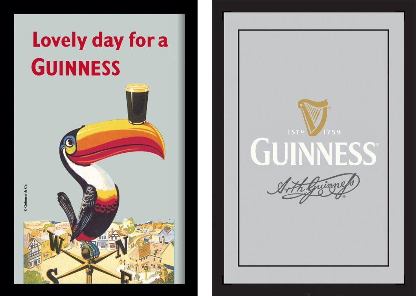 Set: 2 Spiegelbilder Guinness Bier Pelikan 30x20 cm Bar Deko Wandbilder Hinterglasdruck mit Rahmen