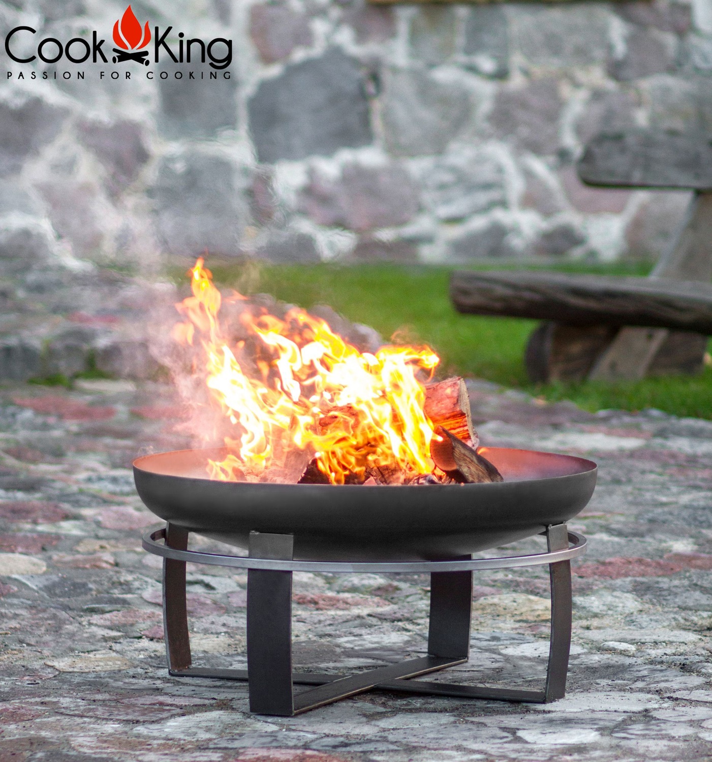 Set: Dreibein H 180 cm mit  Grillrost Ø 60 cm Rohstahl und Kurbel + Feuerschale "Viking" Ø 70 cm