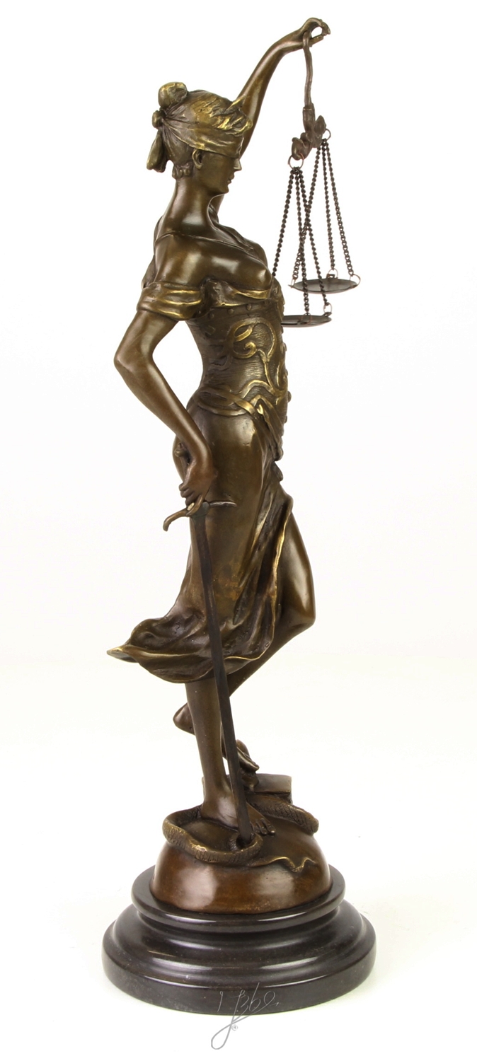Bronzefigur Bronzeskulptur Bronze Justitia auf Marmorsockel H 40 cm Göttin der Gerechtigkeit Figur
