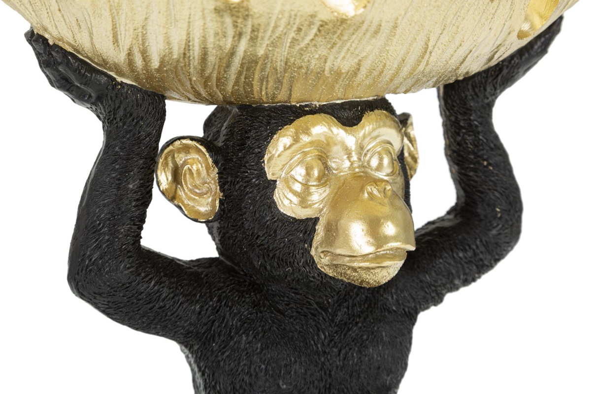 Dekofigur Affe Schimpanse schwarz klein sitzend Tierfigur mit goldener Schale auf dem Kopf H 24 cm