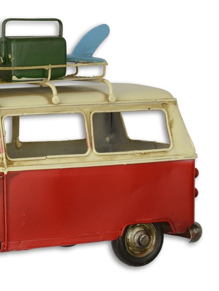 Blechauto Nostalgie Modellauto Oldtimer Bulli mit Surfboard Bus aus Blech L 29 cm